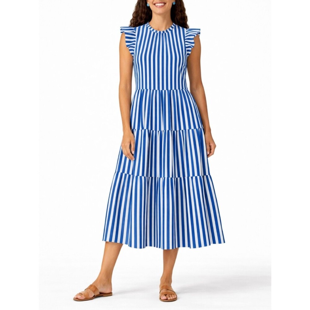 J. Crew Blue White Stripe Tiered Midi Dress Cotton Ruffle Sleeves Size Large